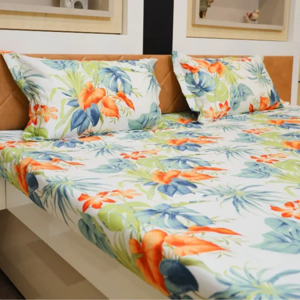 Premium Cotton Digital Print Bedsheet Set Tropical Floral Design