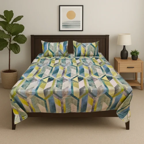 Premium geometric abstract cotton bed sheet set with blue yellow green multicolor hexagonal pattern, luxury designer bedding by Vardhman Mills featuring modern contemporary print on 100% cotton fabric