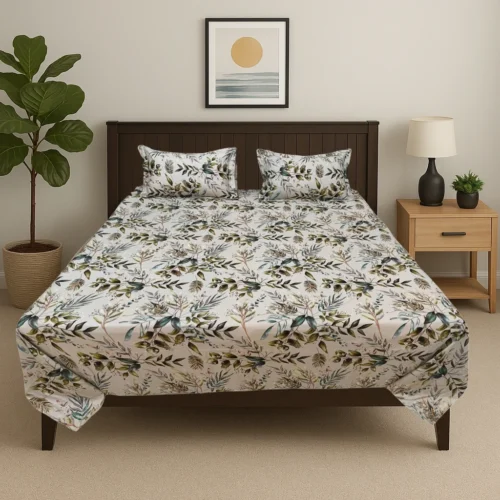 Botanical leaves bed sheet set styled in modern bedroom with dark wood furniture, showing natural foliage pattern in earth tones, premium cotton bedding by Vardhman Mills in realistic home setting