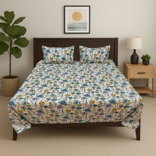 Botanical wildflower bed sheet set styled in modern bedroom with dark wood furniture, showing teal yellow meadow floral design bedding by Vardhman Mills in realistic home setting