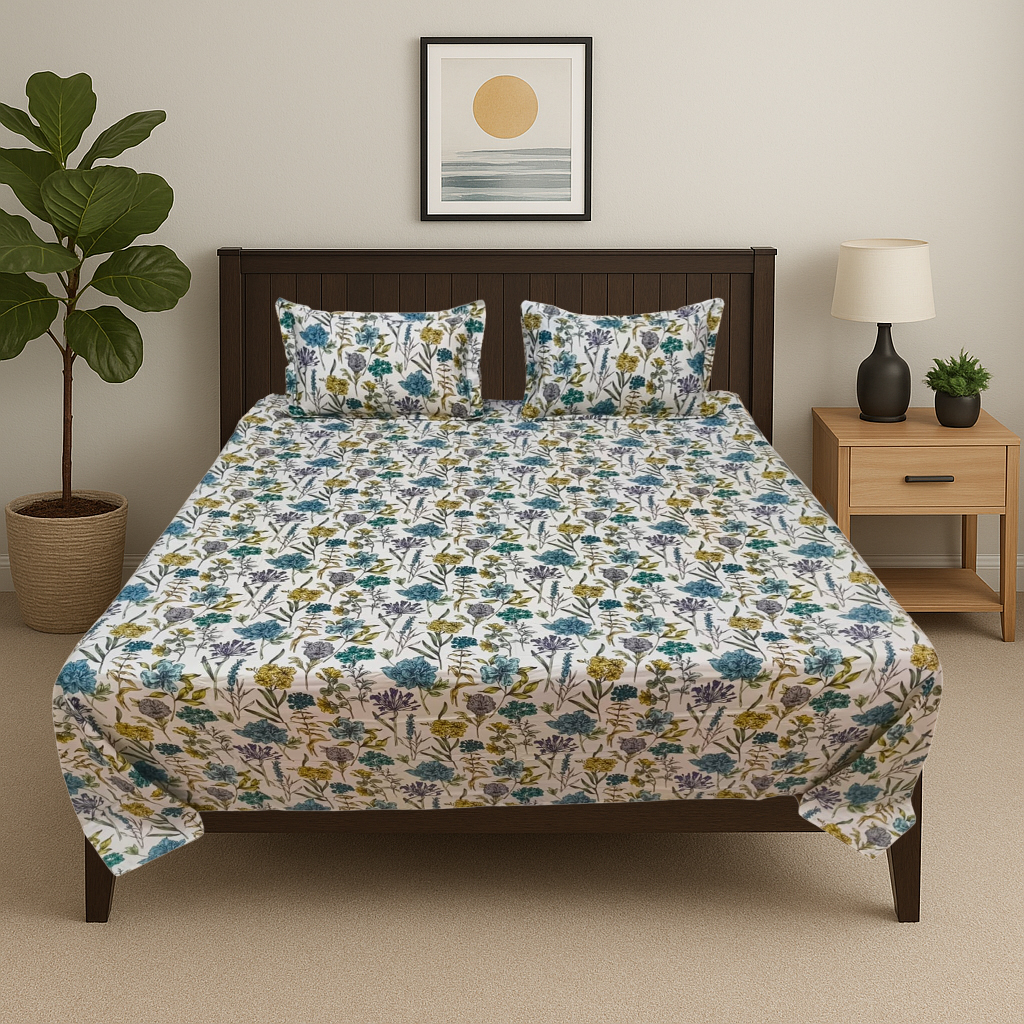 Botanical wildflower bed sheet set styled in modern bedroom with dark wood furniture, showing teal yellow meadow floral design bedding by Vardhman Mills in realistic home setting
