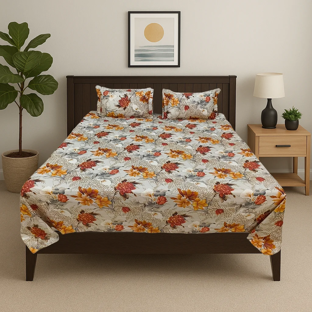 Premium autumn floral cotton bed sheet set with warm fall blooms pattern in modern bedroom, luxury designer bedding by Vardhman Mills featuring seasonal flowers in orange, burgundy and golden colors