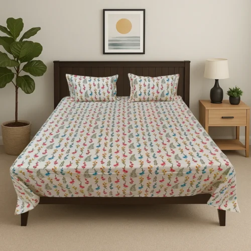 Premium botanical cotton bed sheet set with multicolor floral stems pattern in modern bedroom, luxury designer bedding by Vardhman Mills featuring delicate scattered flower sprigs on white background