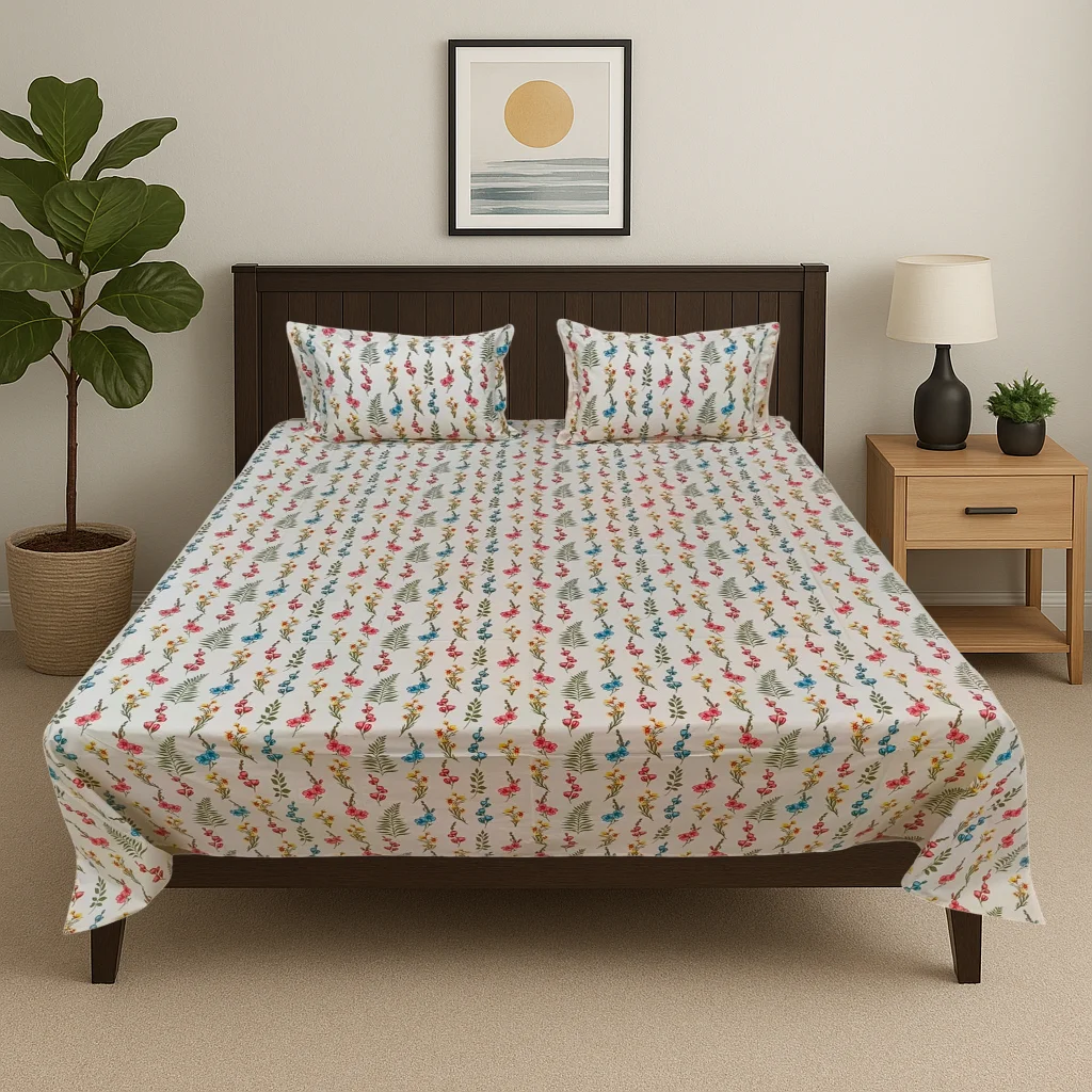 Premium botanical cotton bed sheet set with multicolor floral stems pattern in modern bedroom, luxury designer bedding by Vardhman Mills featuring delicate scattered flower sprigs on white background