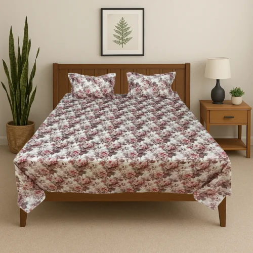 Premium classic floral cotton bed sheet set with burgundy rose pattern in modern bedroom, luxury designer bedding by Vardhman Mills featuring timeless vintage floral design on cream background