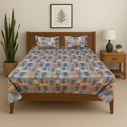 Premium ethnic patchwork cotton bed sheet set with blue orange traditional pattern in modern bedroom, luxury designer bedding by Vardhman Mills featuring vintage patchwork quilt design with ethnic motifs
