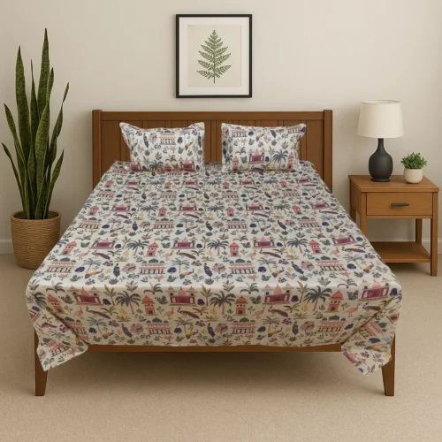 Premium Indian heritage cotton bed sheet set with palace architecture and wildlife pattern in modern bedroom, luxury designer bedding by Vardhman Mills featuring traditional Indian cultural motifs with peacocks and monuments