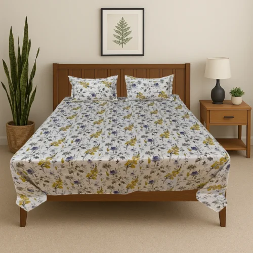 Premium meadow wildflower cotton bed sheet set with yellow purple botanical pattern in modern bedroom, luxury designer bedding by Vardhman Mills featuring delicate scattered wildflower garden design
