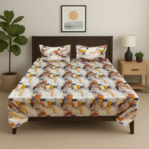 Premium modern geometric cotton bed sheet set with abstract colorful blocks pattern in contemporary bedroom, luxury designer bedding by Vardhman Mills featuring artistic rectangular mosaic design