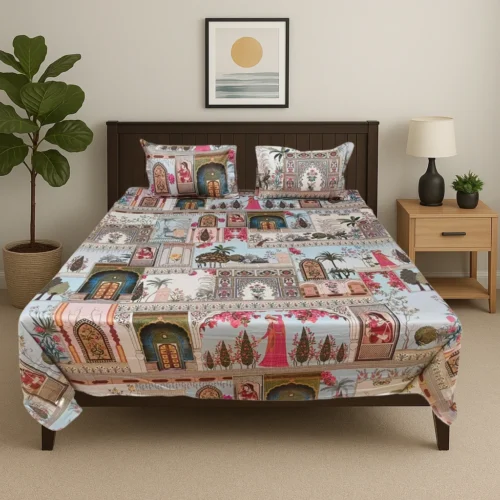 Premium Rajasthani heritage cotton bed sheet set with traditional palace architecture and royal motifs in modern bedroom, luxury designer bedding by Vardhman Mills featuring authentic Indian cultural patterns