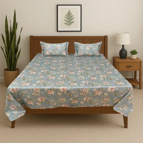 Premium romantic cottage cotton bed sheet set with blue background and pink rose pattern in modern bedroom, luxury designer bedding by Vardhman Mills featuring vintage shabby chic floral design