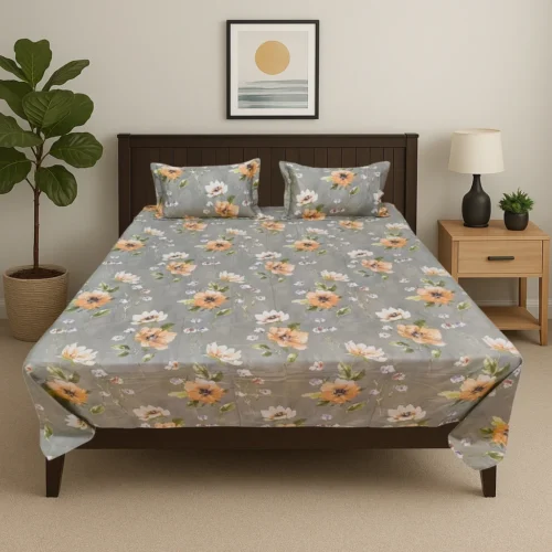 Premium soft floral cotton bed sheet set with grey background and peach bloom pattern in modern bedroom, luxury designer bedding by Vardhman Mills featuring delicate scattered flowers design