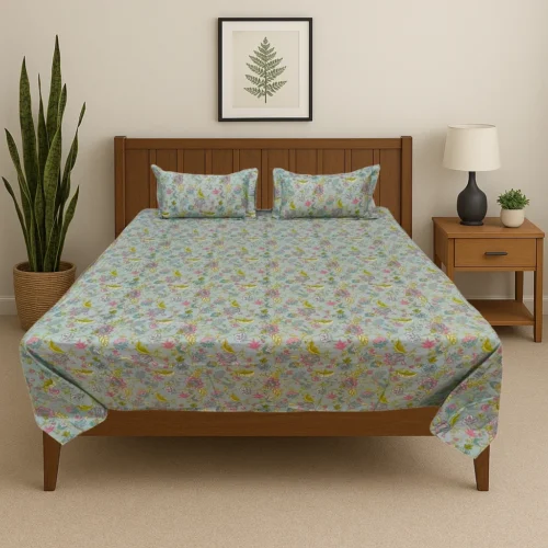 Premium spring garden cotton bed sheet set with mint green background and multicolor floral pattern in modern bedroom, luxury designer bedding by Vardhman Mills featuring fresh spring bloom design