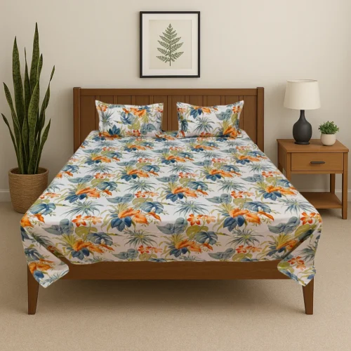 Premium tropical paradise cotton bed sheet set with orange hibiscus and blue palm leaves pattern in modern bedroom, luxury designer bedding by Vardhman Mills featuring vibrant Hawaiian tropical design
