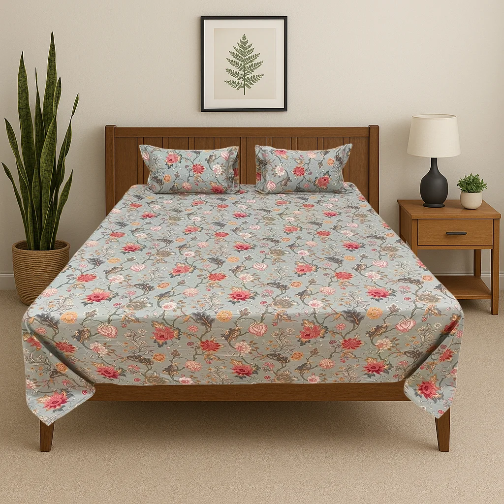 Premium vintage botanical cotton bed sheet set with grey background and coral pink floral pattern in modern bedroom, luxury designer bedding by Vardhman Mills featuring classic English garden design