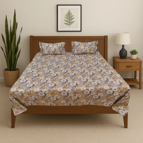Premium vintage floral cotton bed sheet set with beige background and white rose pattern in modern bedroom, luxury designer bedding by Vardhman Mills featuring classic romantic floral design