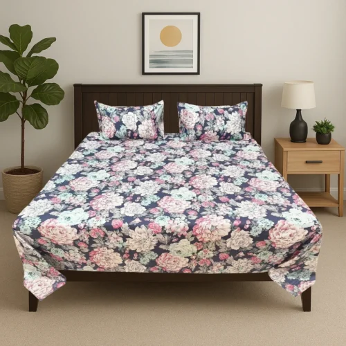 Premium vintage floral cotton bed sheet set with navy blue background and pink rose pattern in modern bedroom, luxury designer bedding by Vardhman Mills featuring classic English garden floral design