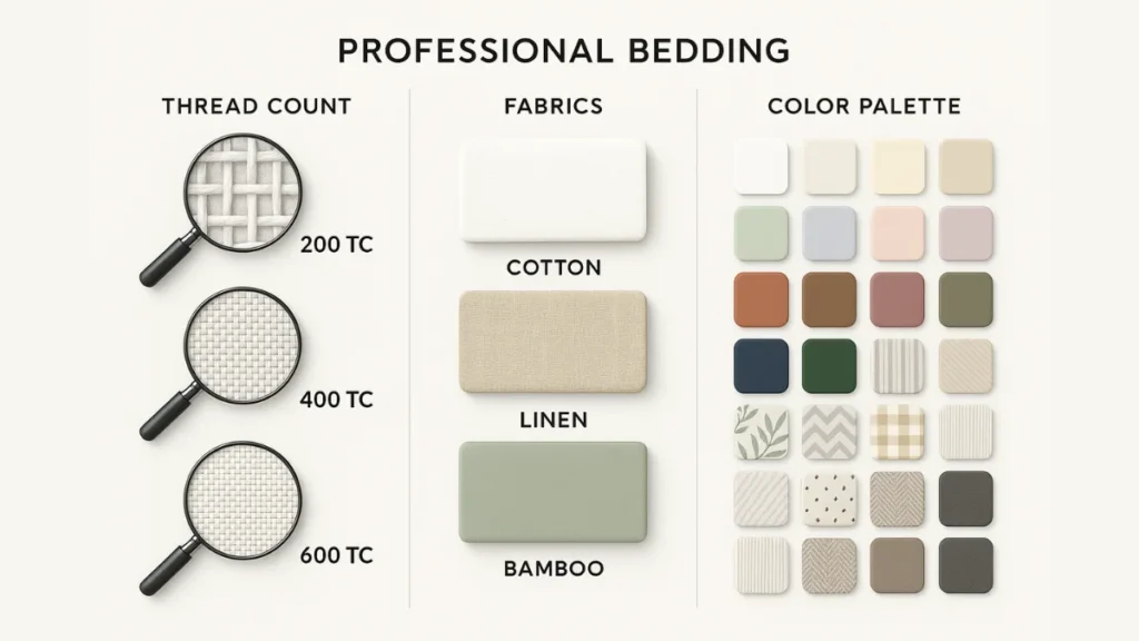 Complete guide to choosing bedsheet sets showing thread count, fabric types, and design options