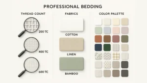 Complete guide to choosing bedsheet sets showing thread count, fabric types, and design options