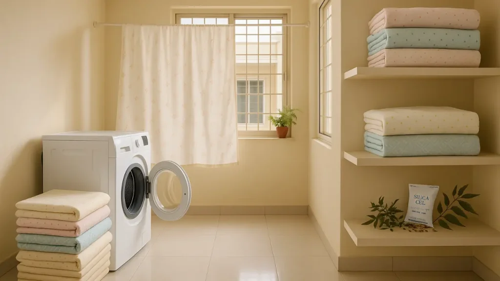 cotton bedsheets washed in machine, drying near window with fan ventilation, neatly folded sheets stored with silica gel packets and neem leaves to prevent dampness.
