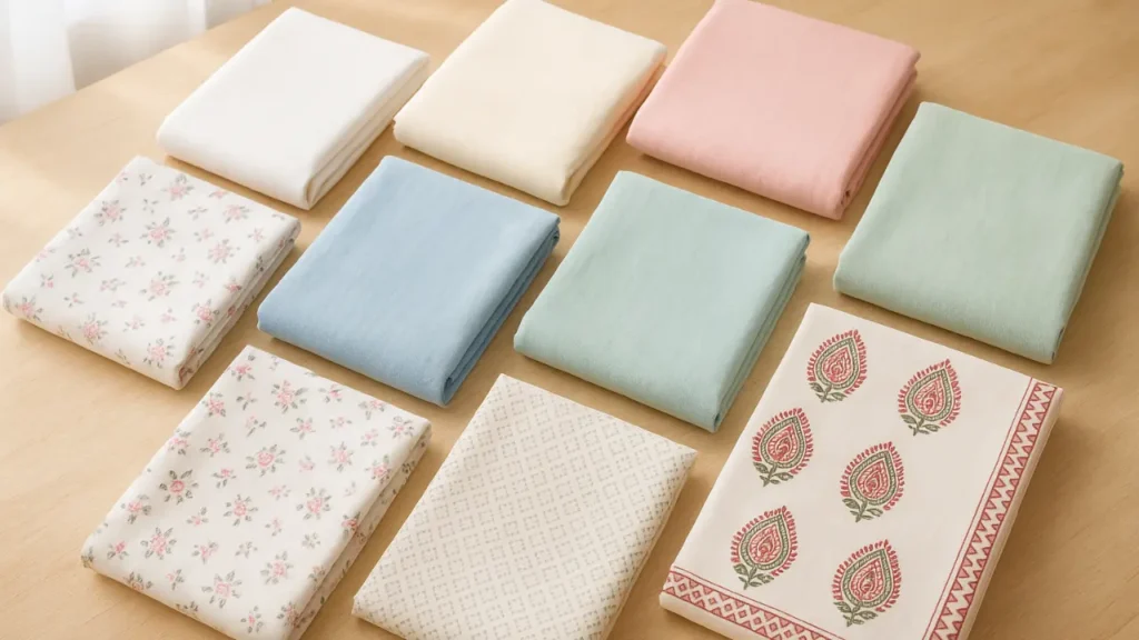 pastel cotton bedsheets in white, cream, pink, blue, green with small floral, geometric, and traditional Rajasthani block prints, ideal for humid season comfort.