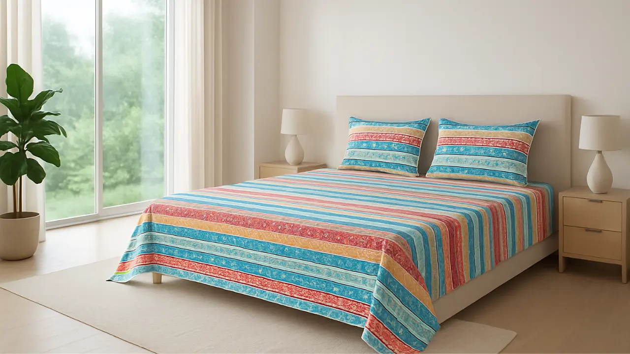 Monsoon-Ready Bedding with quick-dry cotton bedsheet in an Indian bedroom, fresh pastel sheets on bed, window showing rainy season, perfect solution for humid weather comfort.