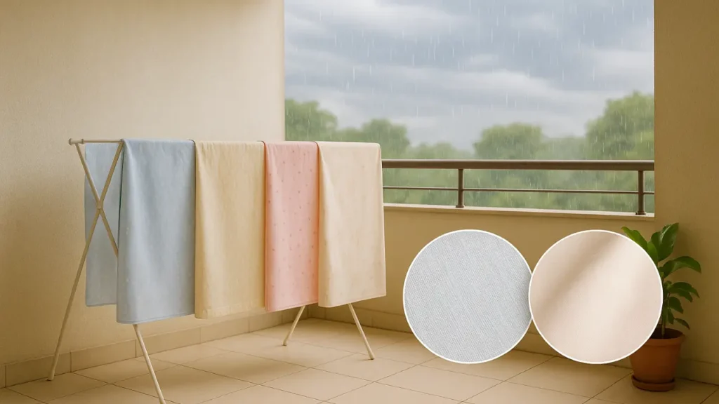quick-dry cotton bedsheets in pastel colors drying on balcony during rainy season, percale and plain weave fabric close-up shown, ideal bedding for humid Indian homes.