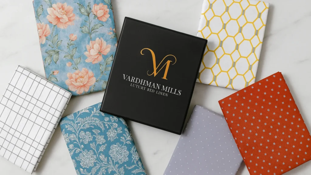 Best Cotton Bed Sheets Online: 5 Essential Tips from Rajasthan's Leading Manufacturer Since 1983 6 Vardhman Mills premium cotton bed sheet collection featuring digital floral prints, folded display showing quality finishing and vibrant colors available online