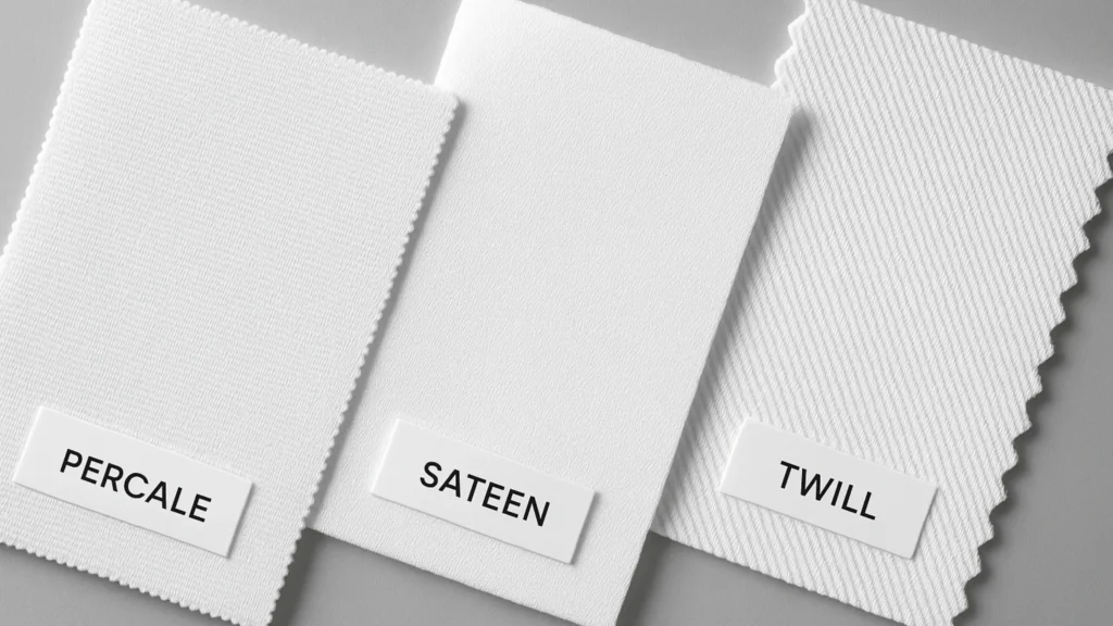 Best Cotton Bed Sheets Online: 5 Essential Tips from Rajasthan's Leading Manufacturer Since 1983 4 Three cotton fabric weave patterns - Percale, Sateen, and Twill - labeled samples showing different textures for bed sheet selection guide