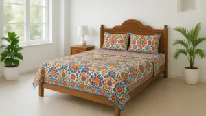 Premium digital print cotton bed sheet with vibrant floral pattern in blue and orange by Vardhman Mills Suratgarh, displayed on traditional Rajasthani wooden bed with carved headboard