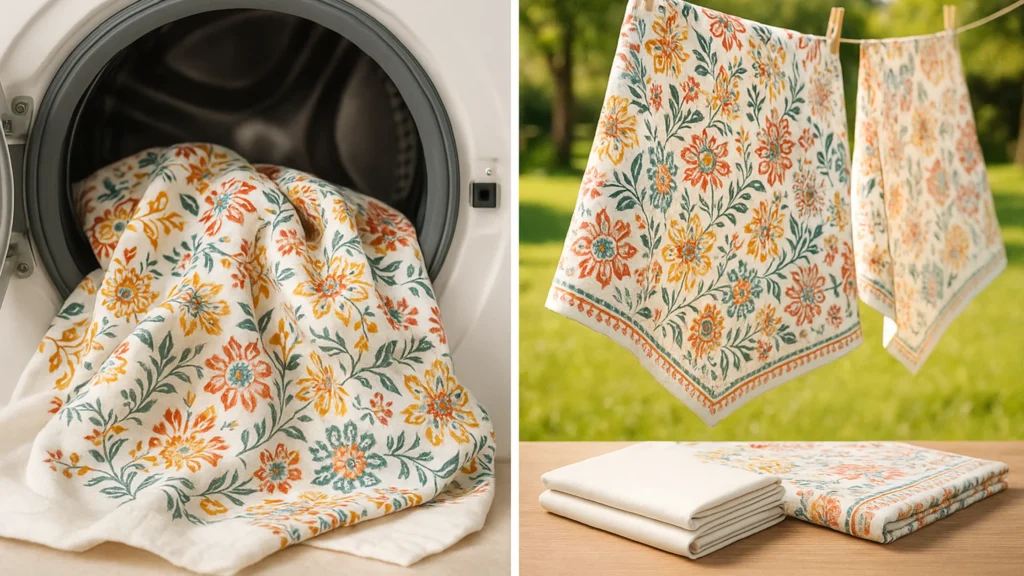 Best Cotton Bed Sheets Online: 5 Essential Tips from Rajasthan's Leading Manufacturer Since 1983 5 Split image showing gentle cycle washing of floral print cotton bed sheets and line drying in garden for proper bed sheet care and maintenance