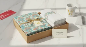 Blog 1 Vardhman Mills Indian cotton textile gifts elegantly packaged, contrasting with generic gift vouchers and mugs, symbolizing the Corporate Gift Revolution towards thoughtful, lasting presents.