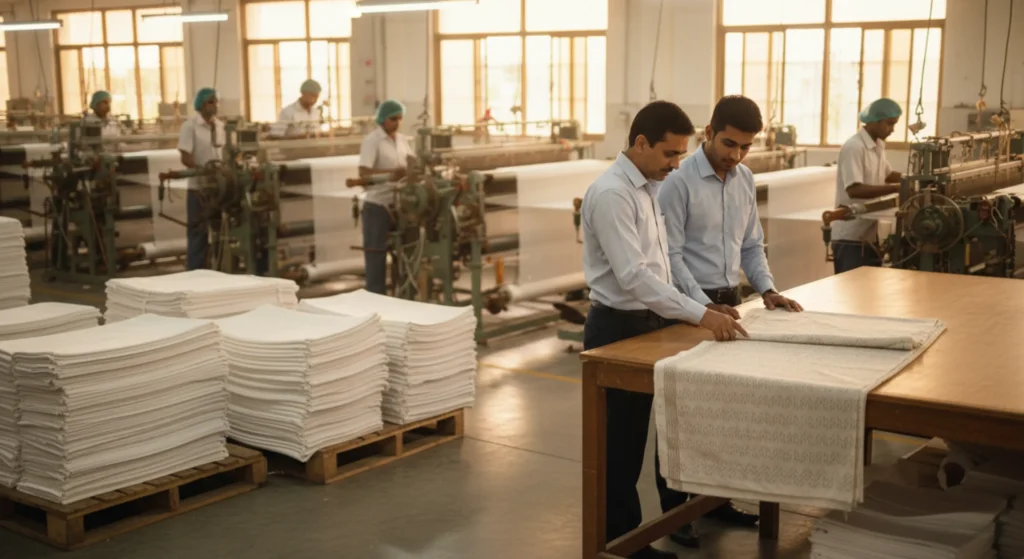 Manufacturer explaining cotton fabric and bedding quality to a customer in a textile factory, showing weaving process and freshly made sheets – highlighting transparency and craftsmanship.