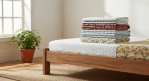 Blog 2 Stack of folded Indian cotton bedsheets with subtle block prints on a wooden bed in a bright, airy bedroom, showcasing durable and comfortable bedding for defence families.