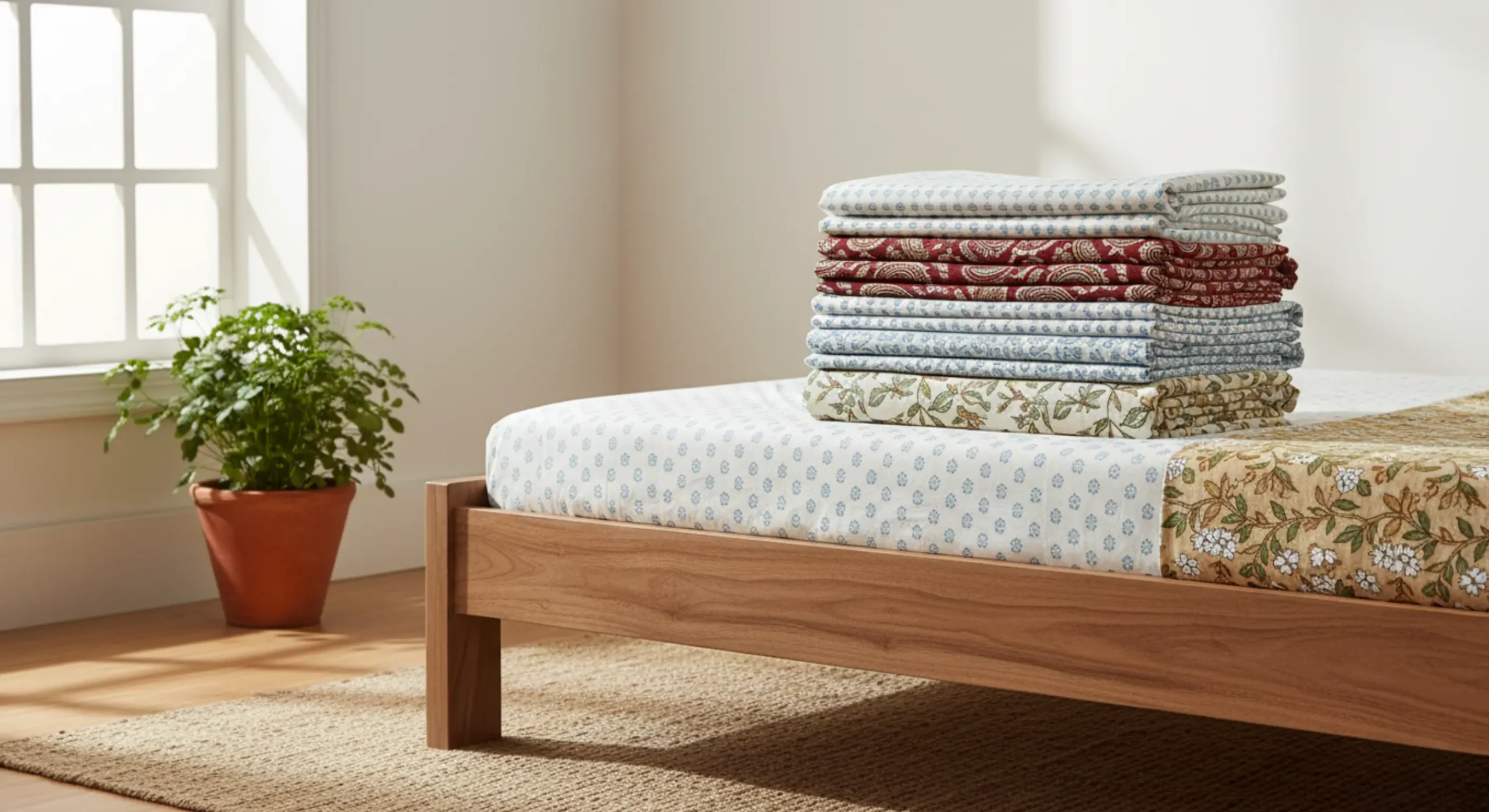 Stack of folded Indian cotton bedsheets with subtle block prints on a wooden bed in a bright, airy bedroom, showcasing durable and comfortable bedding for defence families.