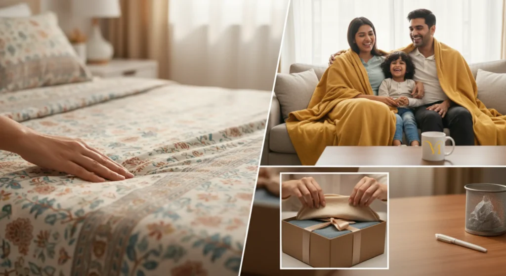 A multi-panel image depicting the superior benefits of textile corporate gifts: hands touching soft Indian cotton for daily utility, a family enjoying a cotton blanket, and someone happily unwrapping a textile gift, contrasting with a discarded gift voucher.