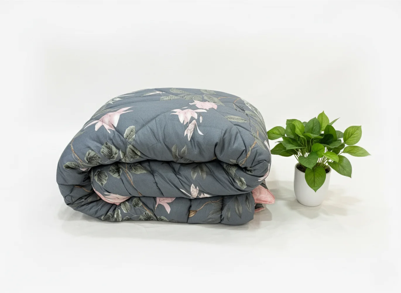 Grey Botanical Heavy Winter Quilt King Size 4.5KG Rajai By Vardhman Mills 2 Grey floral botanical heavy winter quilt rajai king size 4.5kg with pink flowers and green leaf pattern designed by Vardhman Mills