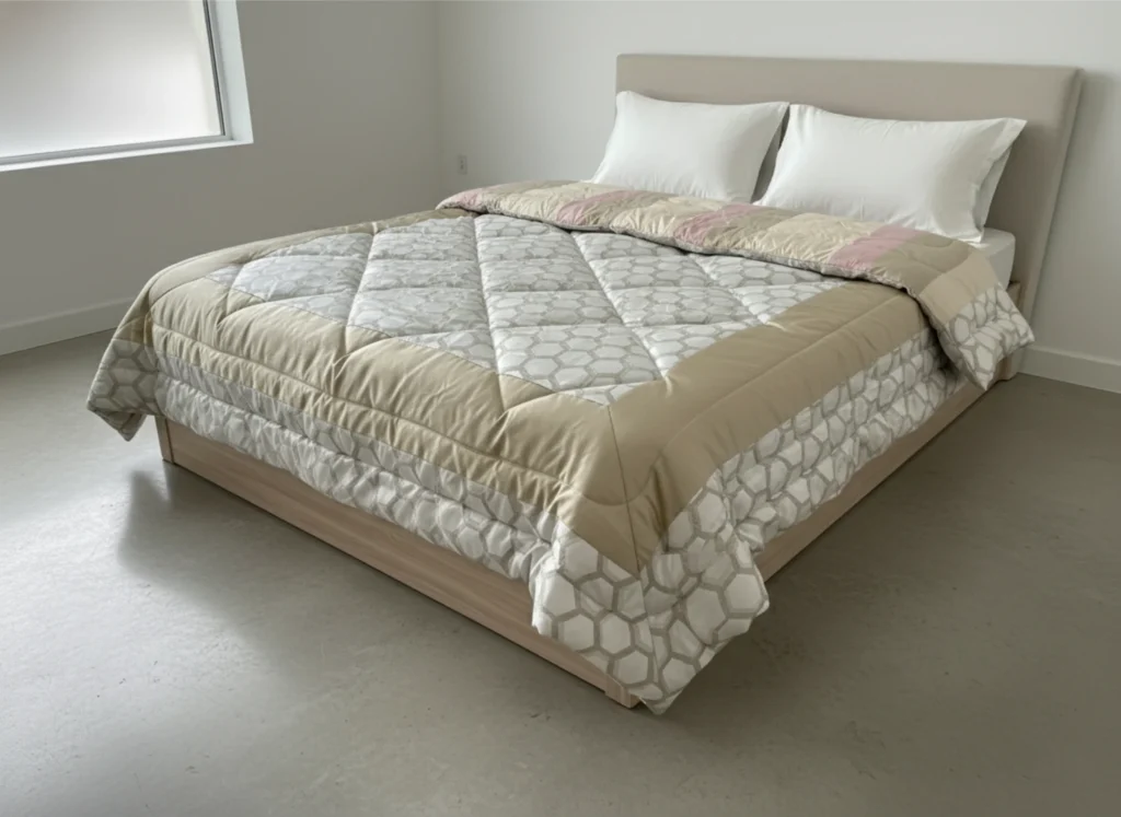 Beige hexagon heavy winter quilt rajai king size 4.5kg with honeycomb geometric pattern by Vardhman Mills