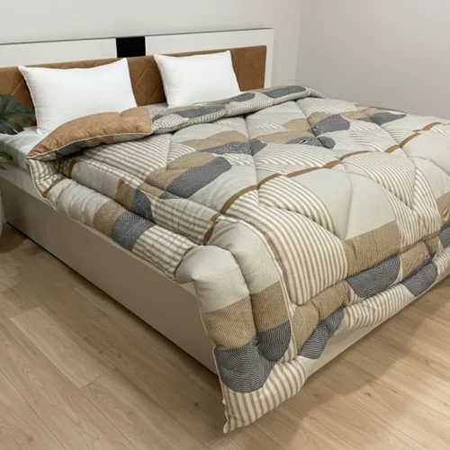 Beige patchwork heavy winter quilt rajai king size 4.5kg with neutral geometric block pattern by Vardhman Mills