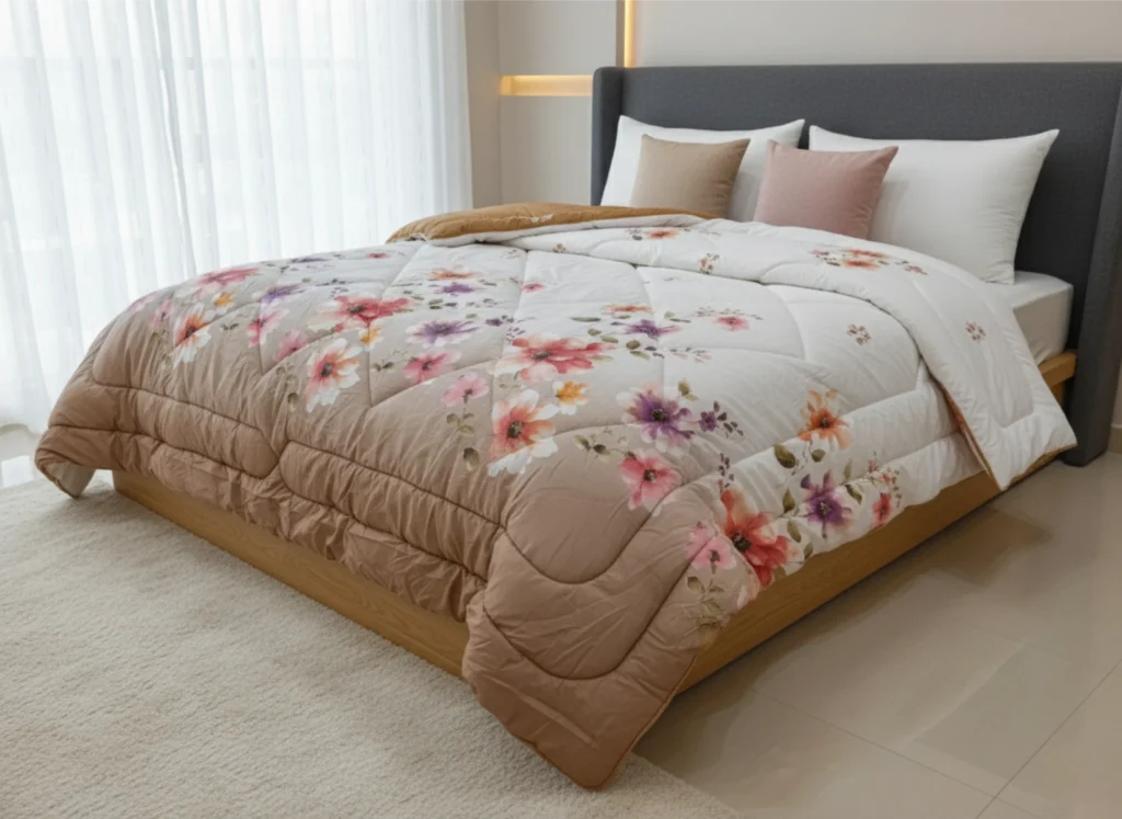 Beige watercolor floral heavy winter quilt rajai king size 4.5kg with artistic painted pattern by Vardhman Mills