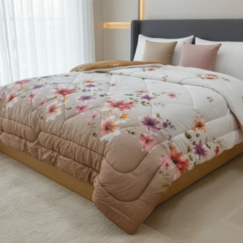 Beige watercolor floral heavy winter quilt rajai king size 4.5kg with artistic painted pattern by Vardhman Mills
