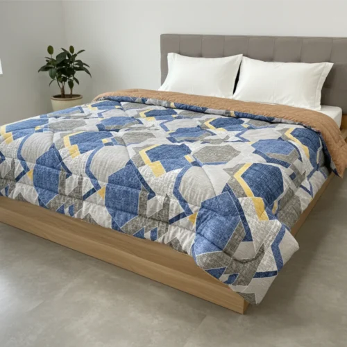 Blue curved geometric heavy winter quilt rajai king size 4.5kg with dynamic flowing shape pattern by Vardhman Mills