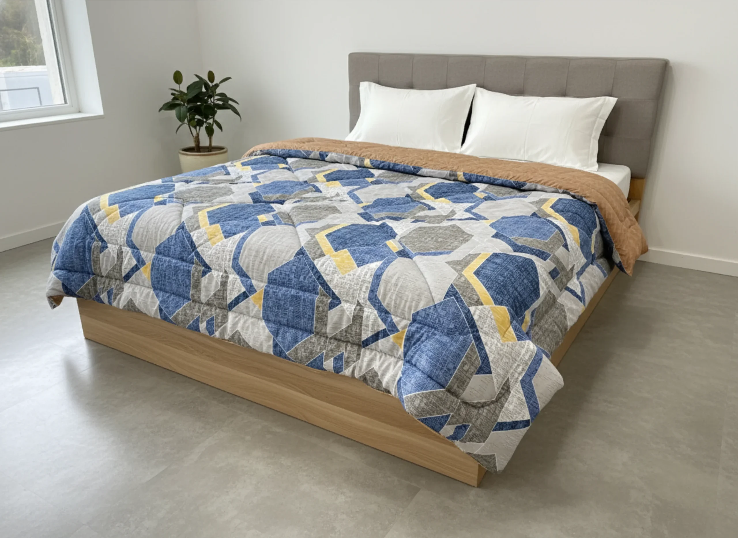 Blue curved geometric heavy winter quilt rajai king size 4.5kg with dynamic flowing shape pattern by Vardhman Mills