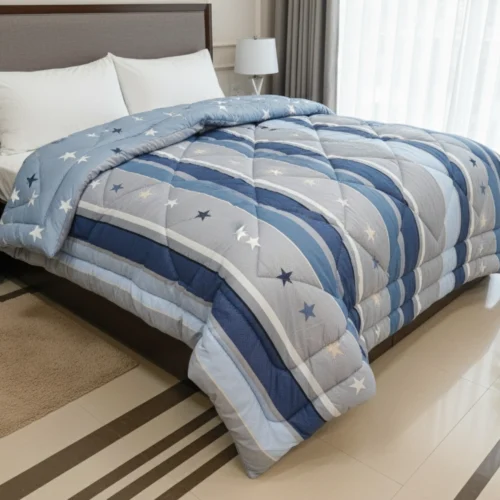 Blue star striped heavy winter quilt rajai king size 4.5kg with playful scattered star pattern by Vardhman Mills