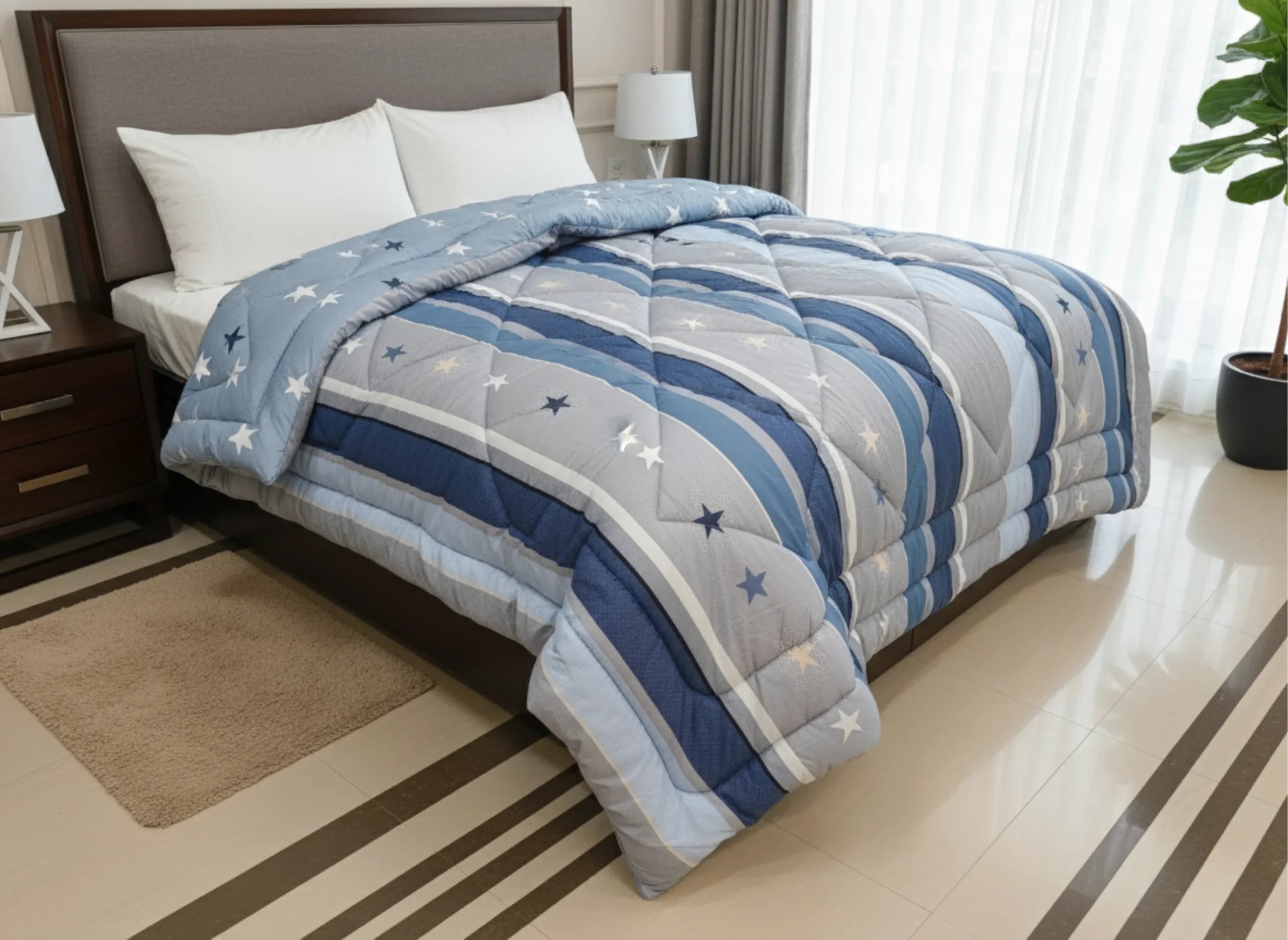 Blue Star Striped Heavy Winter Quilt King Size 4.5KG Rajai By Vardhman Mills 1 Blue star striped heavy winter quilt rajai king size 4.5kg with playful scattered star pattern by Vardhman Mills