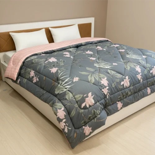 Grey botanical heavy winter quilt rajai king size 4.5kg with pink floral green leaf pattern by Vardhman Mills