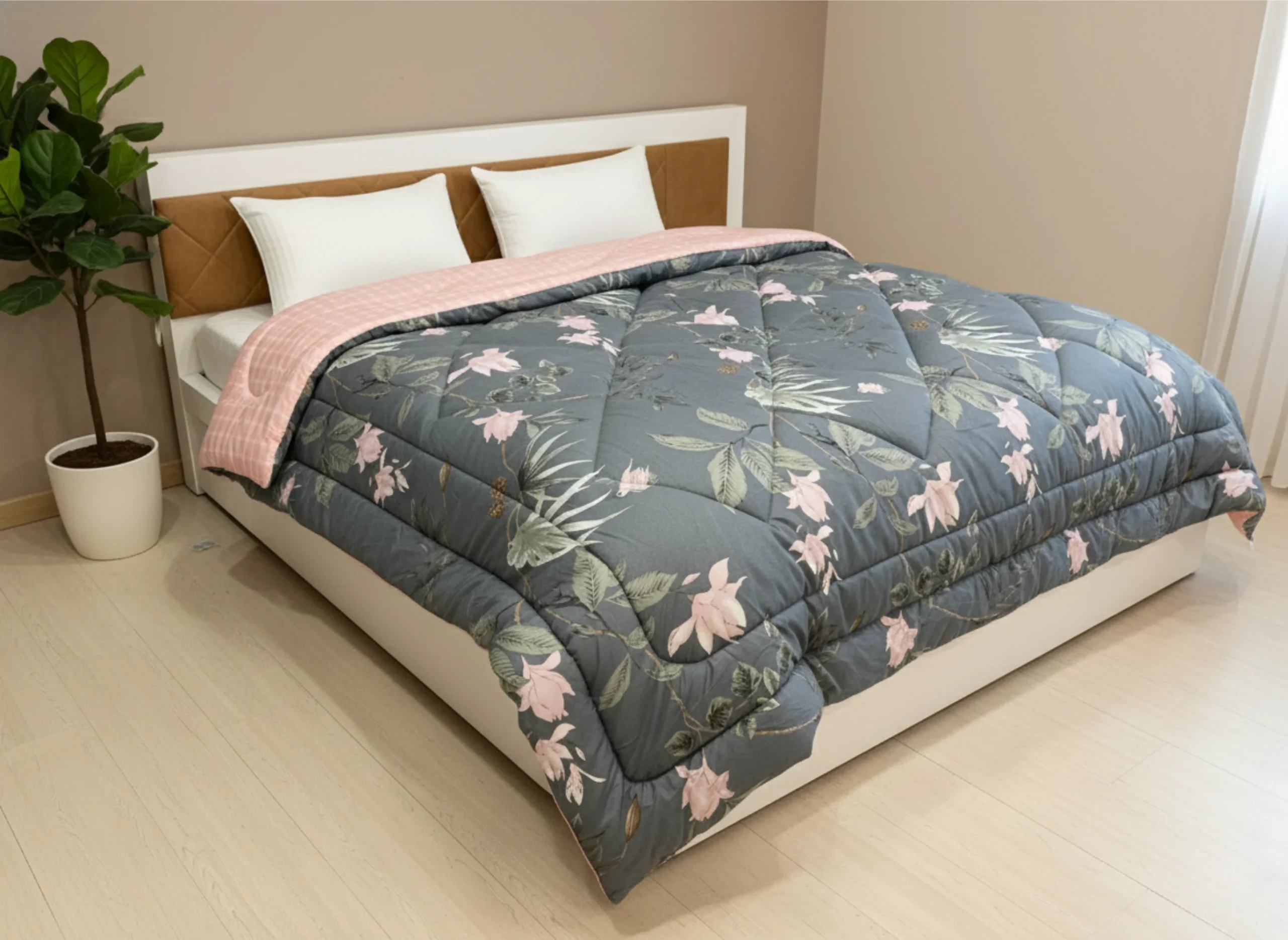 Grey Botanical Heavy Winter Quilt King Size 4.5KG Rajai By Vardhman Mills 1 Grey botanical heavy winter quilt rajai king size 4.5kg with pink floral green leaf pattern by Vardhman Mills