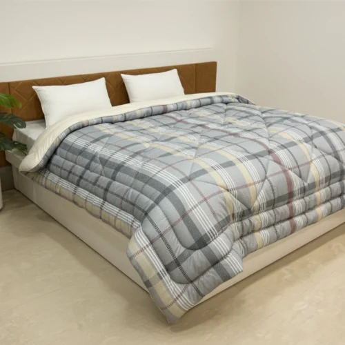 Grey check heavy winter quilt rajai king size 4.5kg with sophisticated plaid traditional pattern by Vardhman Mills