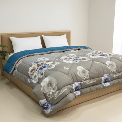 Grey floral heavy winter quilt rajai king size 4.5kg with botanical blooms pattern by Vardhman Mills