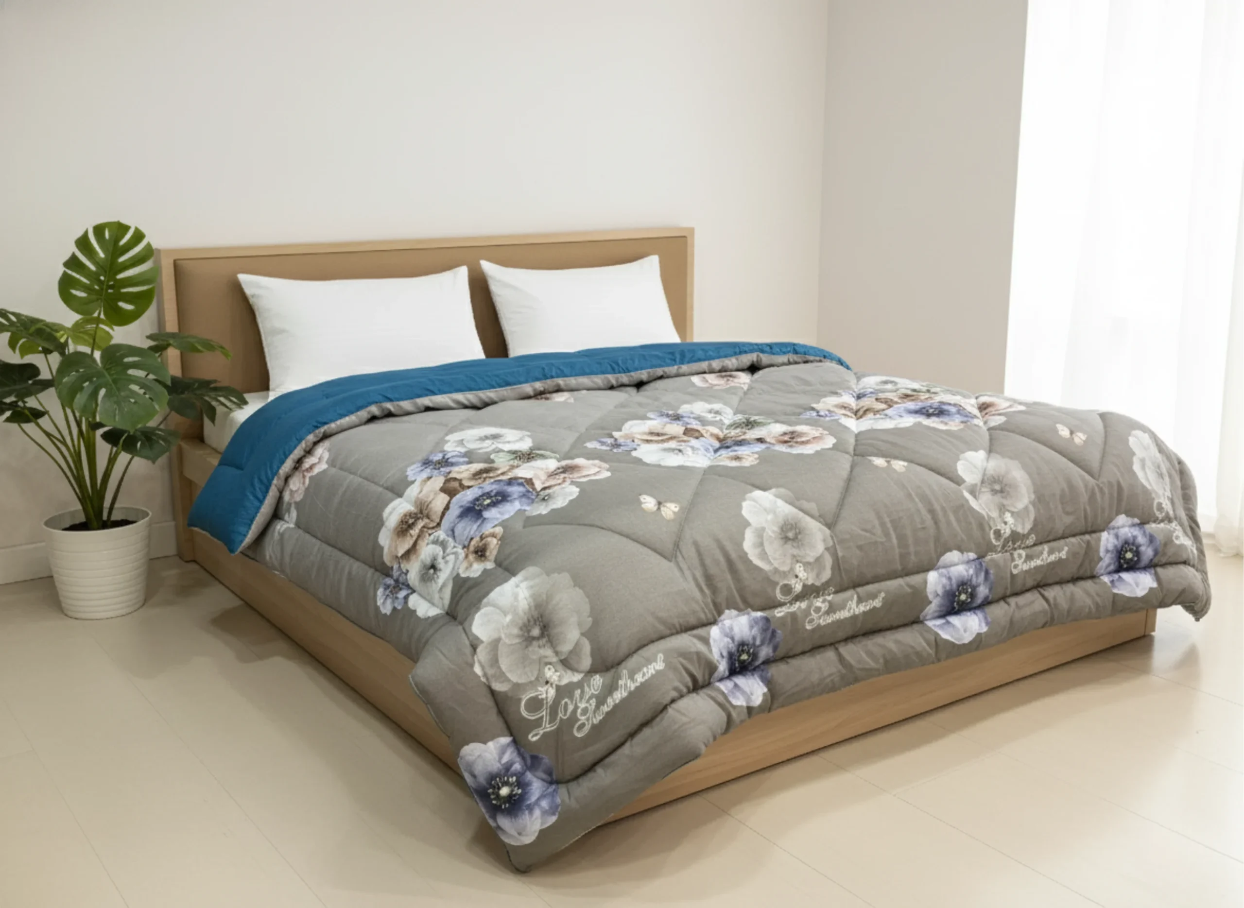 Grey Floral Heavy Winter Quilt King Size 4.5KG Rajai By Vardhman Mills 1 Grey floral heavy winter quilt rajai king size 4.5kg with botanical blooms pattern by Vardhman Mills